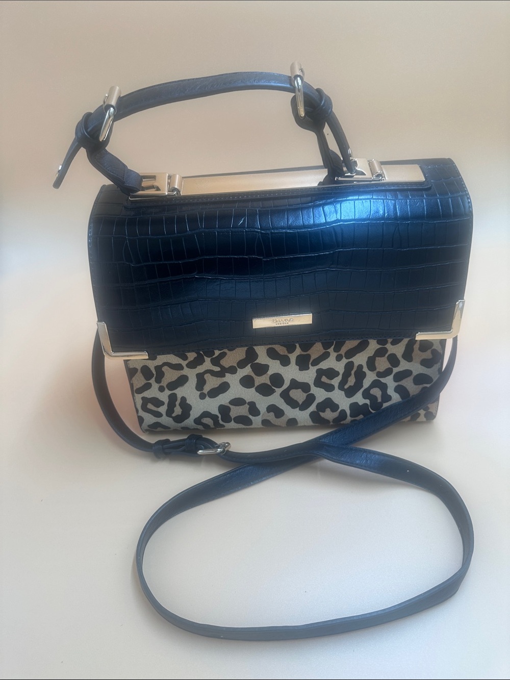 Dune London Black Croc-Embossed Top Handle Satchel with Leopard Print Panel